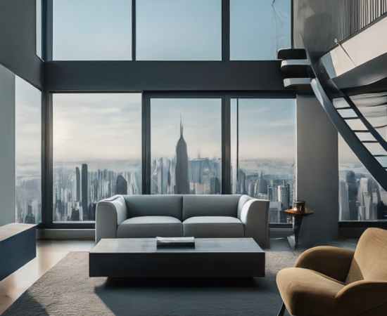 Modern Dubai living room with floor-to-ceiling windows showcasing a city skyline and a sleek staircase leading upstairs.