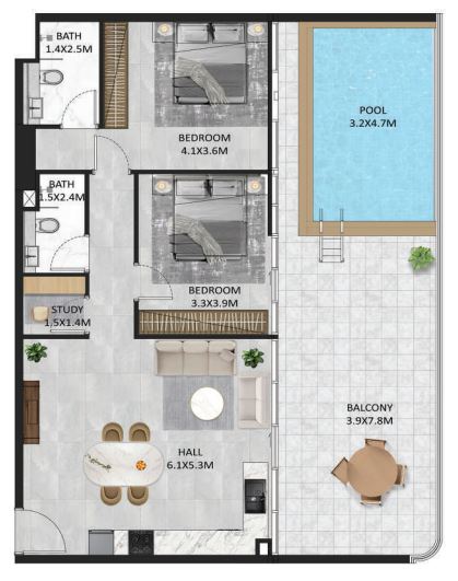 2 bhk Floor Plan study pool C